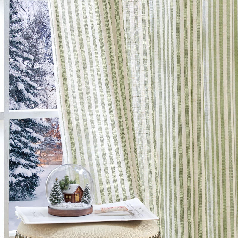 jinchan Linen Curtains for Living Room Green on Beige Striped Curtains for Bedroom Ticking Stripe Pattern Light Filtering Farmhouse Cottage Core Rustic Grommet Window Treatment 2 Panels 96 inches - Image 1